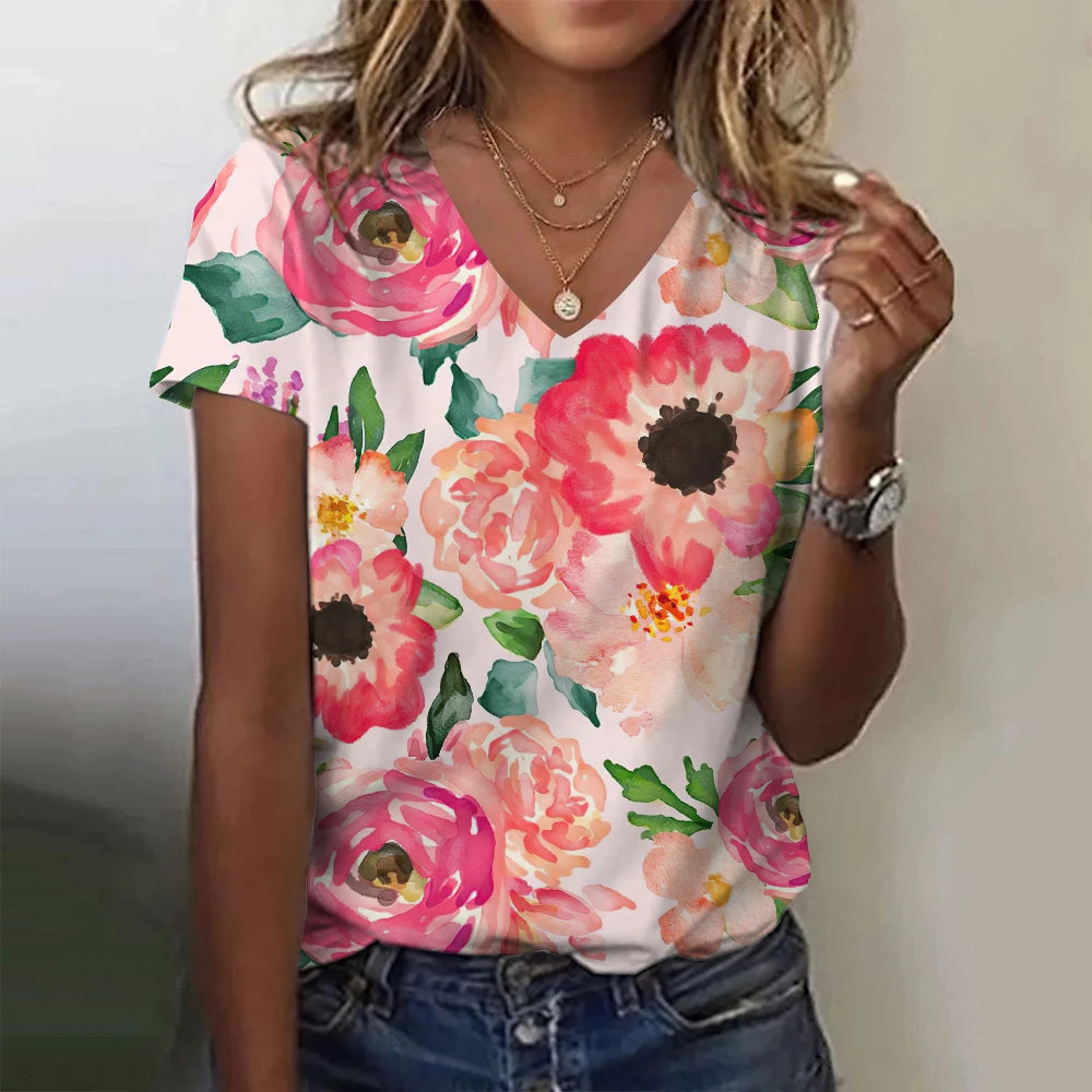 Women T-Shirt Summer Flower Floral 3D Print T-Shirts Women Streetwear Harajuku T Shirt V-Neck Tees Woman Tops Oversized Clothing