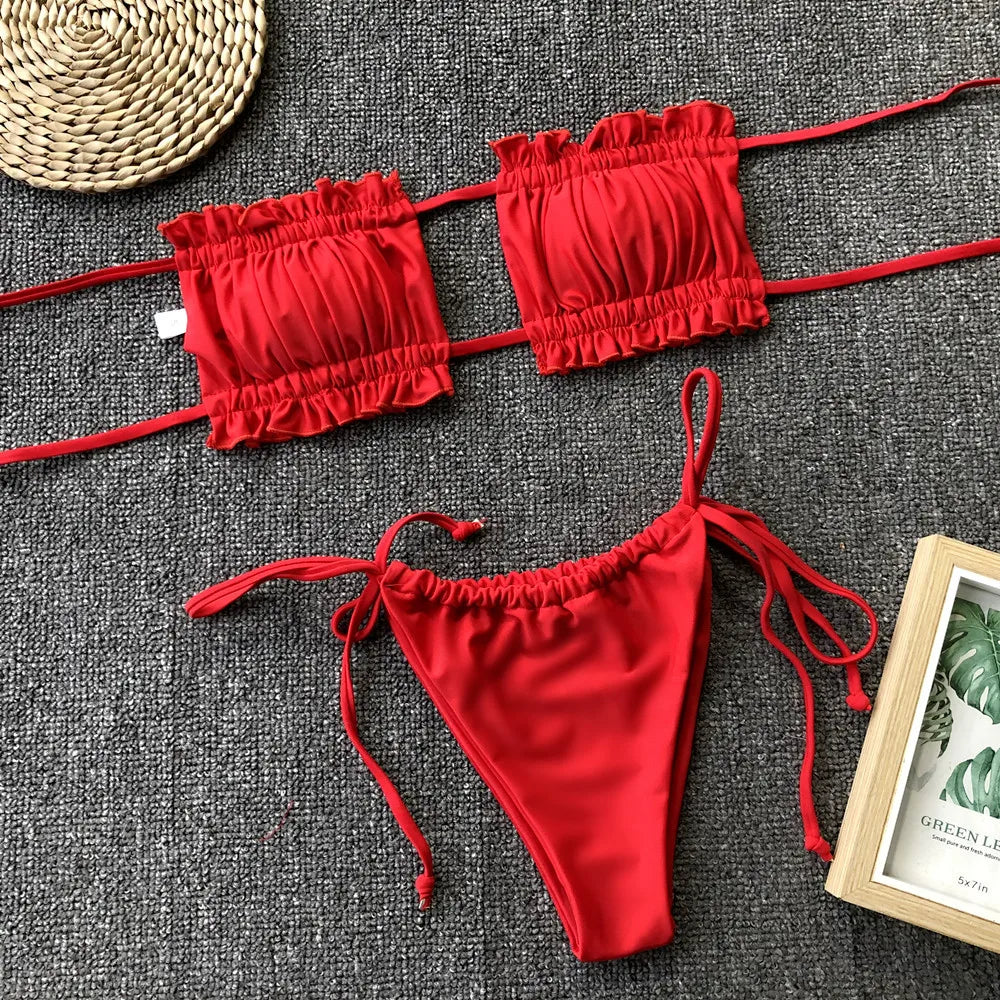 Sexy Bikini 2025 Pleated Bandeau Swimsuit Female Swimwear Women Mini Thong Bikini Set Bather Swimming Beachwear for Bathing Suit