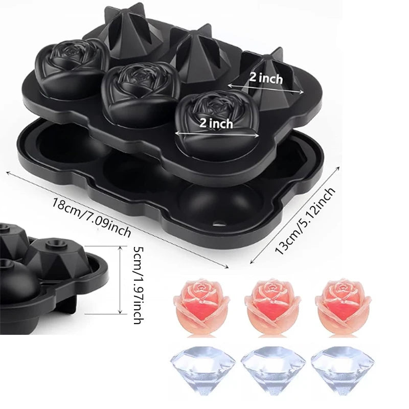 Large Ice Cube Tray Rose Shape Ice Molds Diamond 3D Silicone Mould Reusable for Cocktails Whiskey Party Supplies Ice Maker Mold