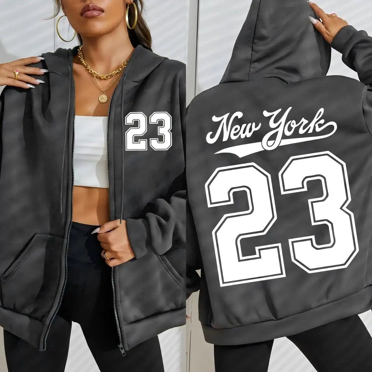 New York Number 23 Art Letter Printing Women Zipper Hoodie Fashion Hoodies Fleece Sportswears Autumn Casual Female Hoody