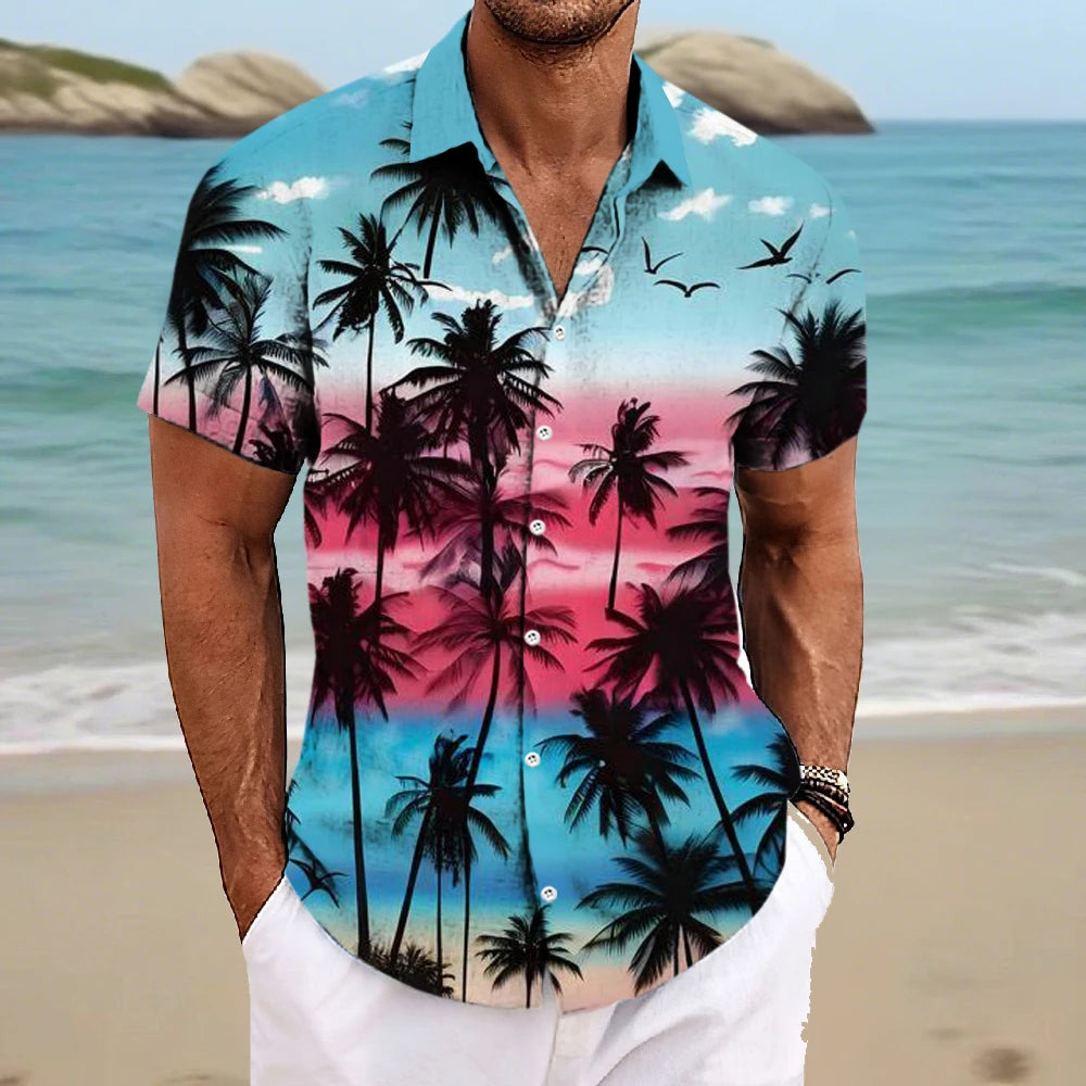 Beach Men's Lapel Shirt Summer Short Sleeve Outdoor Everyday Shirt Tops Landscape Printed Pattern OverSize Loose Men Clothing