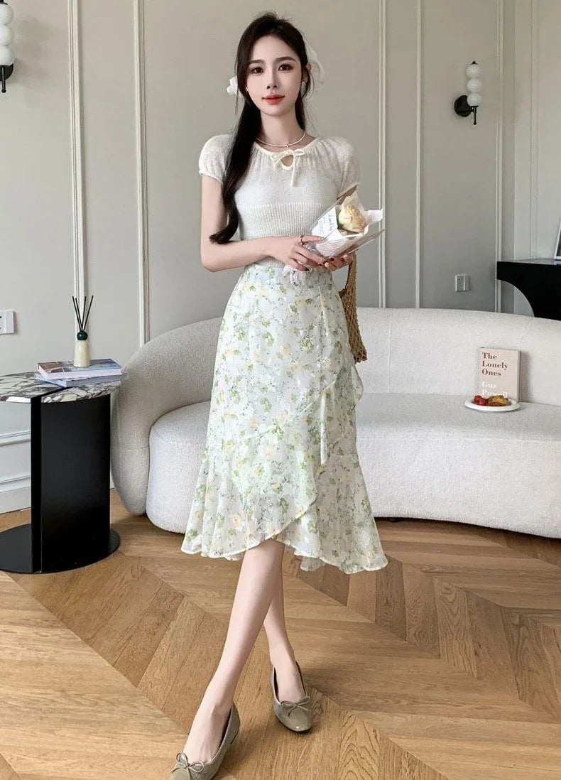 Blue Woman Skirt Floral Midi Ruffle Chiffon A Line Y2k Vintage Chic and Elegant Aesthetic Streetwear 2025 Trend Skirts for Women
