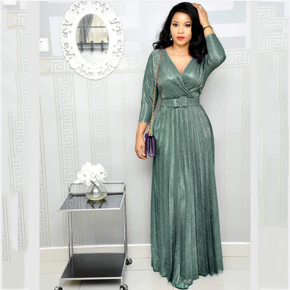 Fashion Elegant Long Sleeve V Neck High Waist Party Cocktail Graduation Pleated Dress Women Sexy Sequins Evening Dress