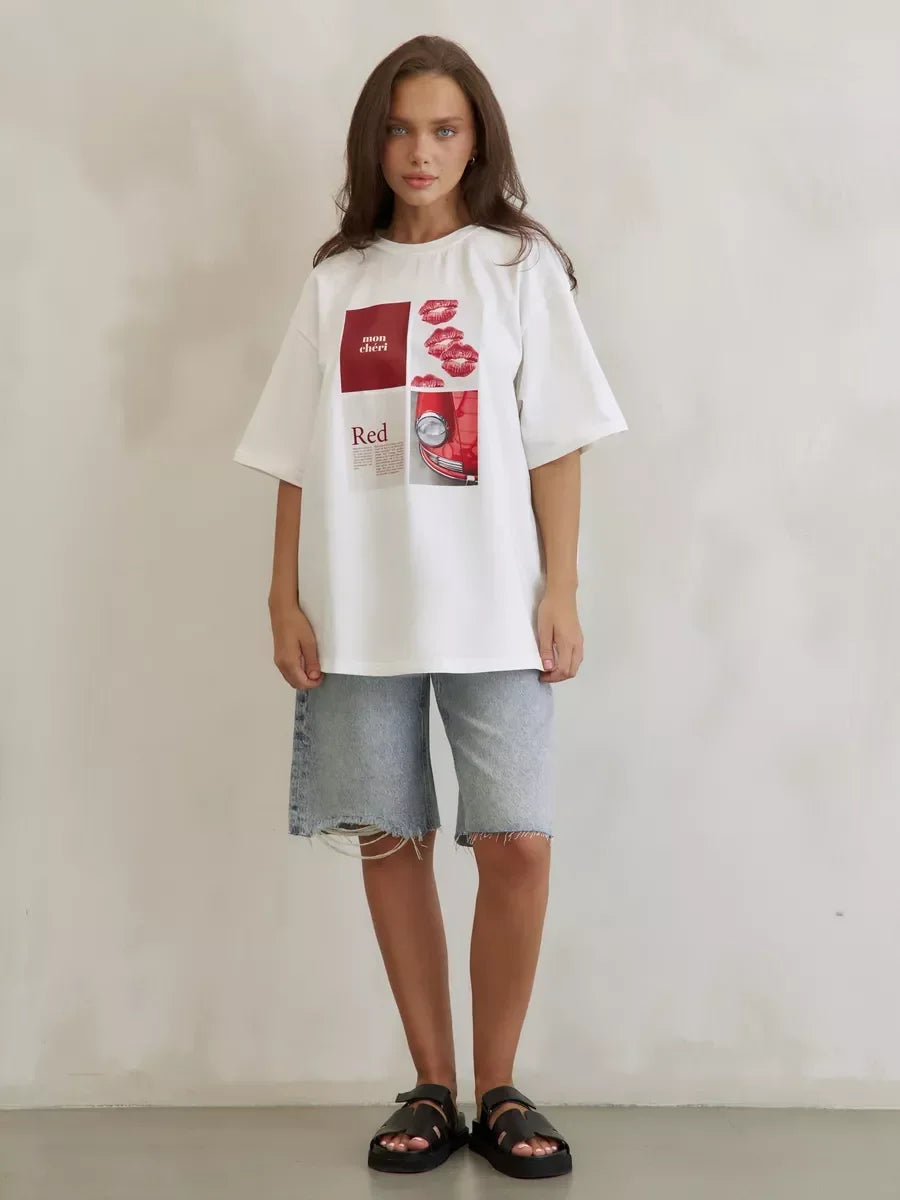 European and American Y2K Lip Printed T-shirt Women's Summer Fashion Casual Creative Streetwear Retro Short-sleeved Clothing