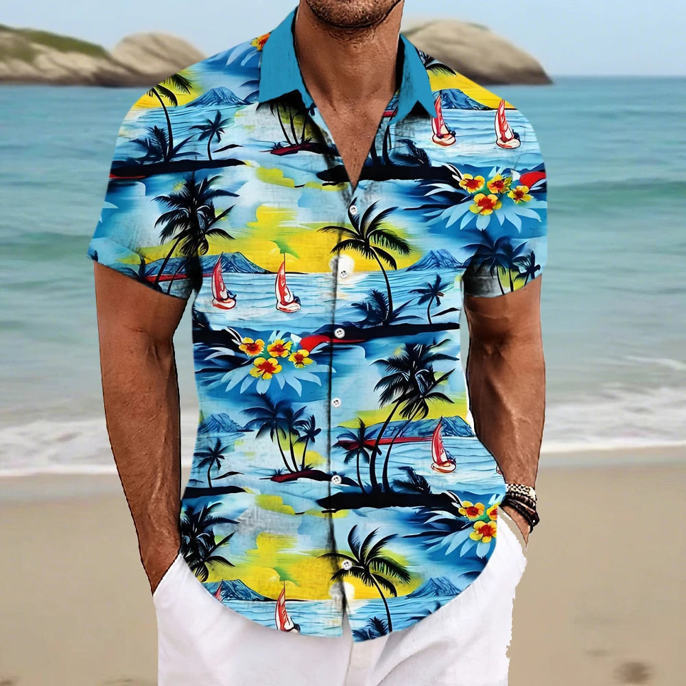 Beach Men's Lapel Shirt Summer Short Sleeve Outdoor Everyday Shirt Tops Landscape Printed Pattern OverSize Loose Men Clothing