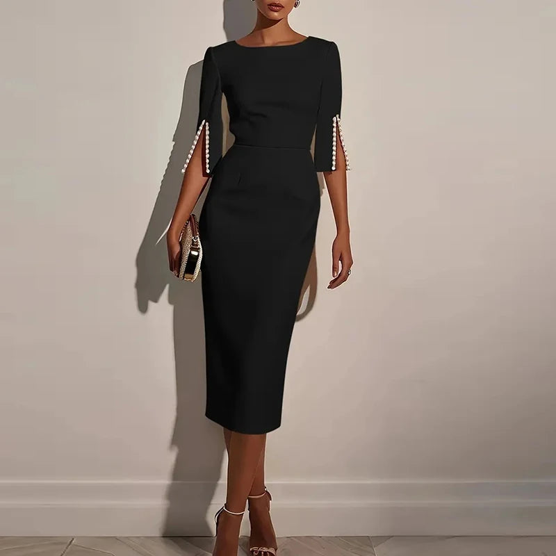 Elegant Women Midi Dress O Neck Half Sleeve Bead Design Party Bodycon Dress Women Fashion Summer Office Dresses Pink White Black