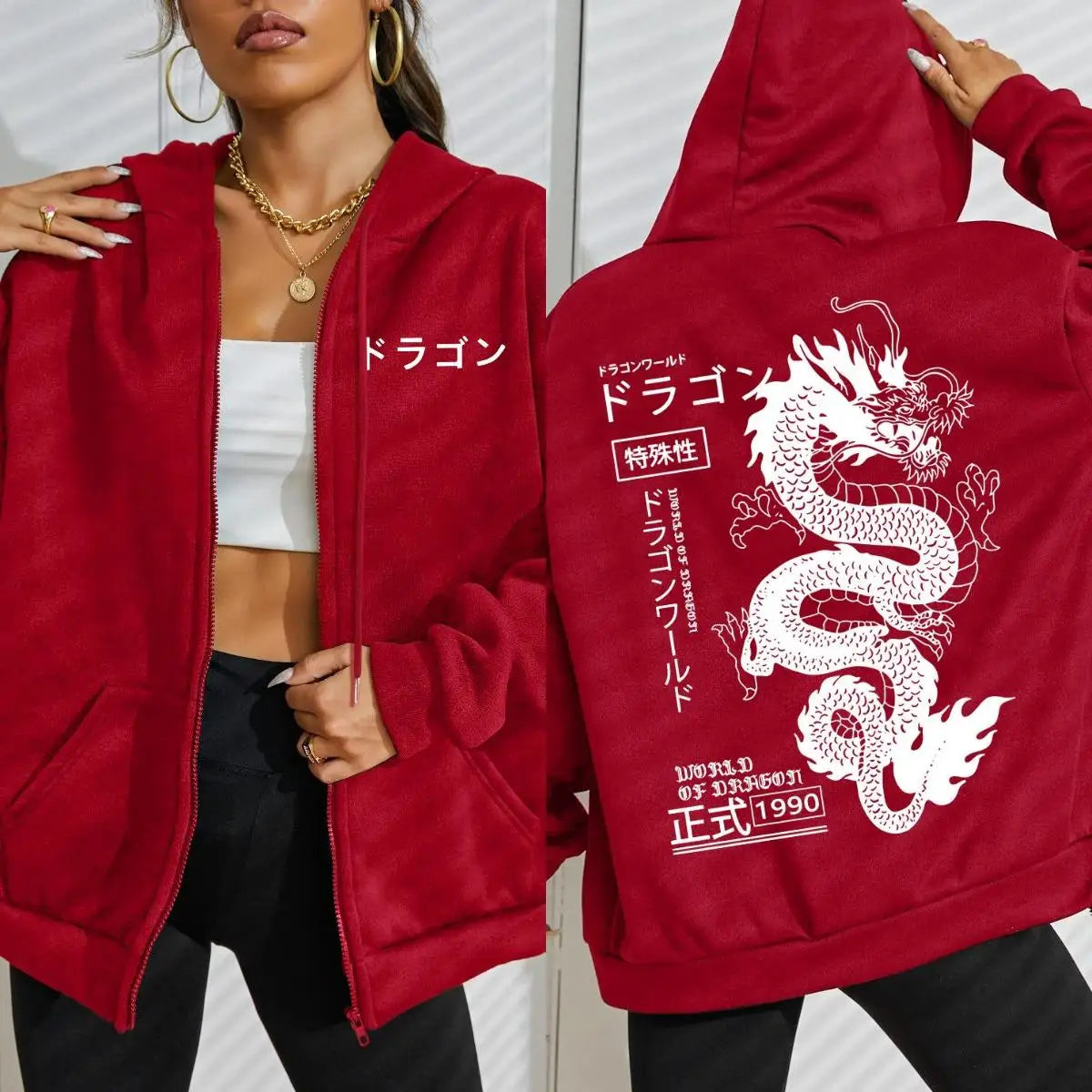 World Of Dragon Special 1990 Pattern Women Zipper Hoodie Trendy Fleece Hoody Casual Autumn Sportswear Retro Loose Streetwear