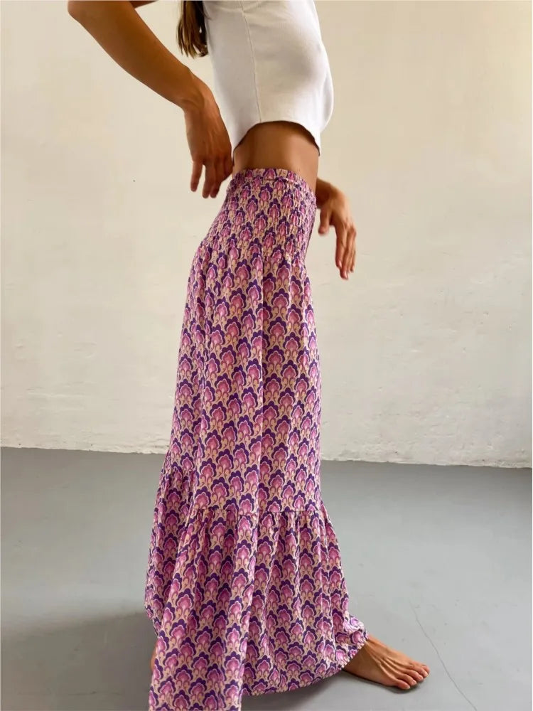Women's Casual Boho Skirts New Spring Summer Fashion Vintage Loose Elastic Waist Floral Print Ethenic Style Beach Maxi Skirt