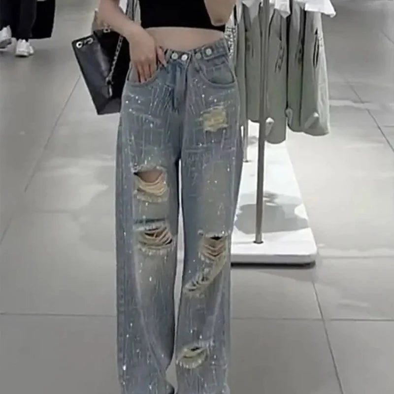 Pantaloni in denim da donna con strass, jeans da donna, gamba dritta, aderenti, larghi, tendenza 2025, economici, grunge, Y2K, pantaloni elasticizzati anni '90