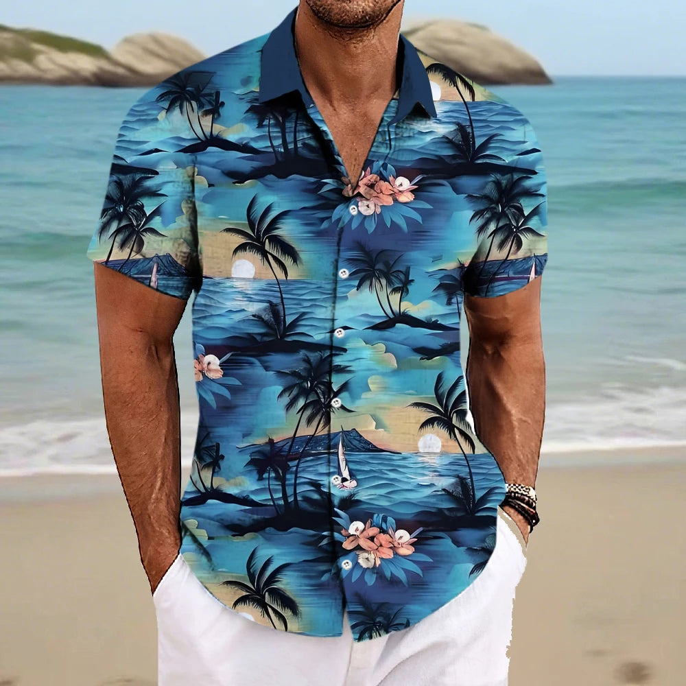 Beach Men's Lapel Shirt Summer Short Sleeve Outdoor Everyday Shirt Tops Landscape Printed Pattern OverSize Loose Men Clothing