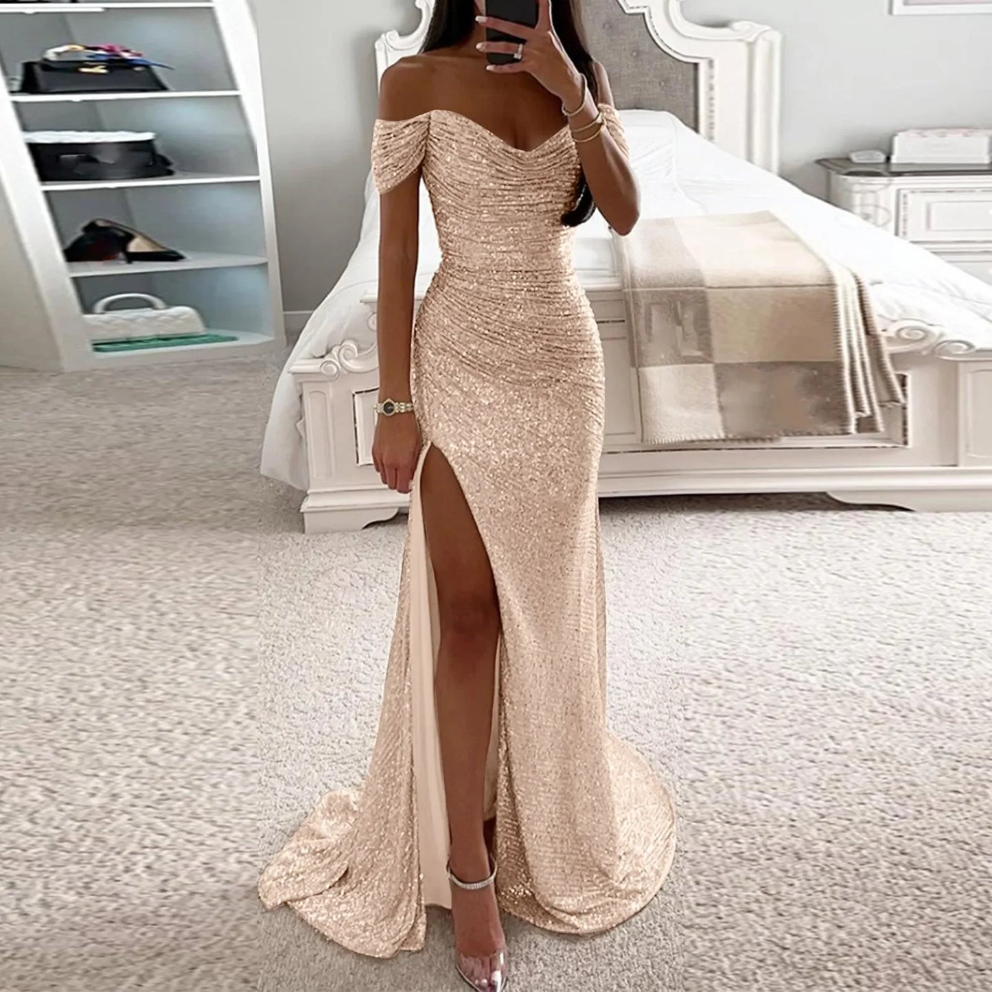 BWQ Women Off Shoulder Prom Dresses Elegant Sequin Solid Evening Party Dresses Ladies Wrap Split Sequined Maxi Formal Dress