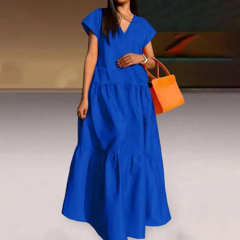 women sundress Loose V-neck Patchwork Short Sleeves Solid Color Beach Dress Summer Women Dress Elegant Large Hem Maxi Dress
