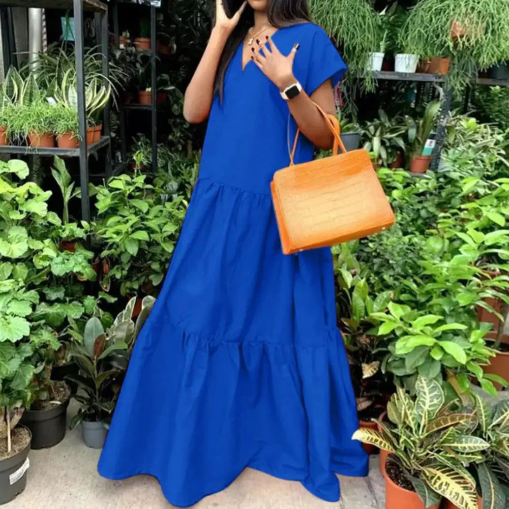 women sundress Loose V-neck Patchwork Short Sleeves Solid Color Beach Dress Summer Women Dress Elegant Large Hem Maxi Dress