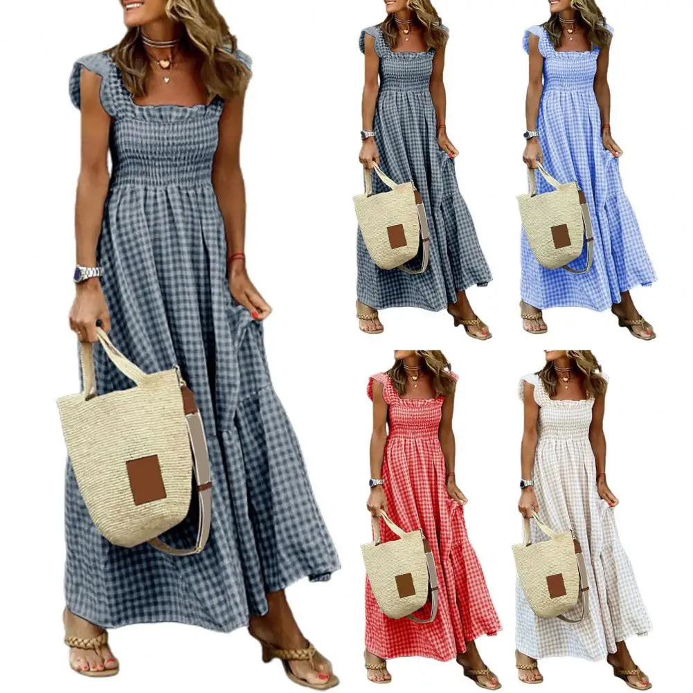 2025 Square Collar Sleeveless Women Dress Elastic Chest Wrap Ruffle Large Hem Women Plaid Print Sling Maxi Dress Summer Sundress