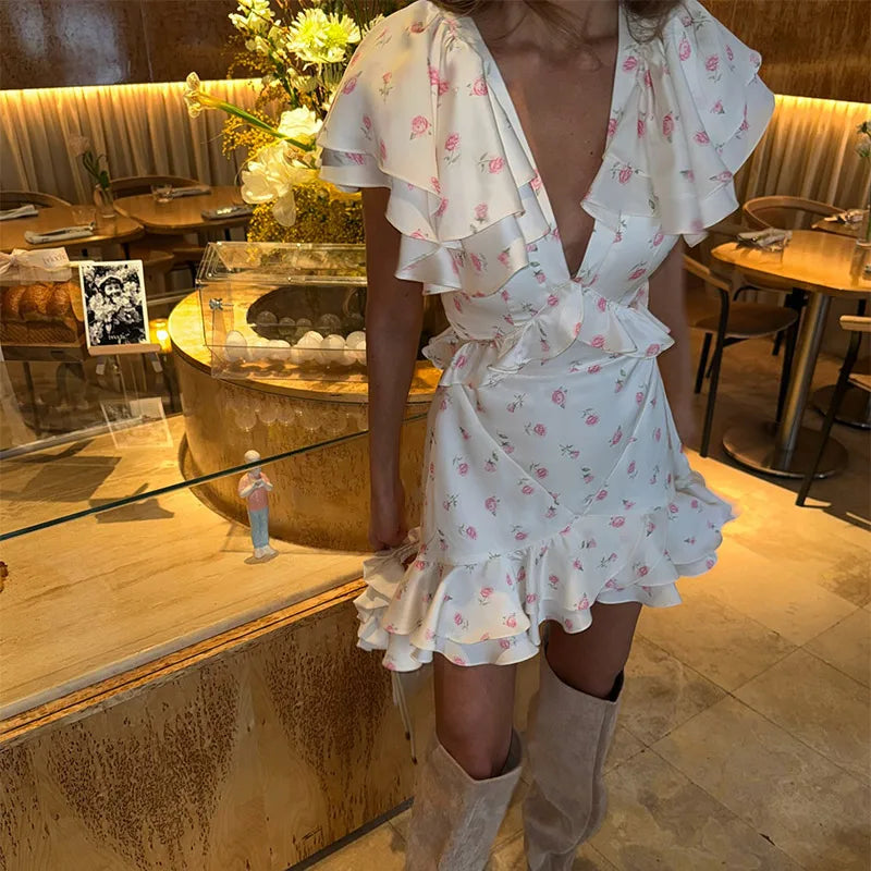 Sweet Floral Printed Ruffle Hem Dress Chic A-line Lapel Puff Sleeve Dresses For Women 2025 Summer Lady Holiday Street Gowns New