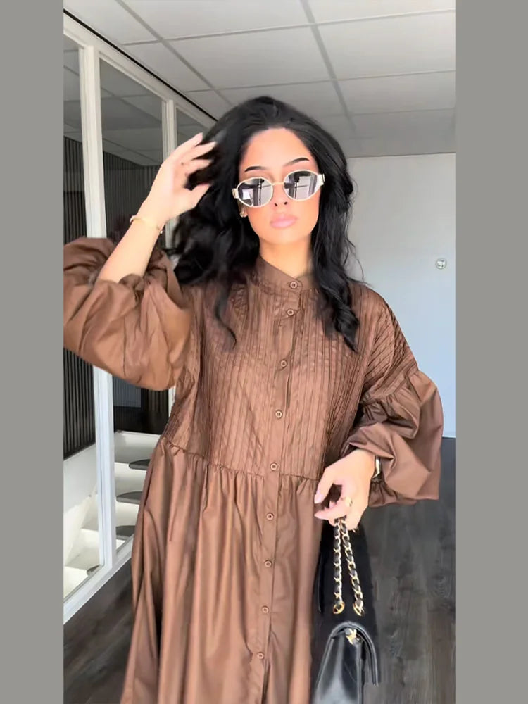 Casual Long Dress Women Loose O Neck Single Breasted Long Sleeves High Waist Robe Female 2025 Summer Fashion Solid Dresses Lady