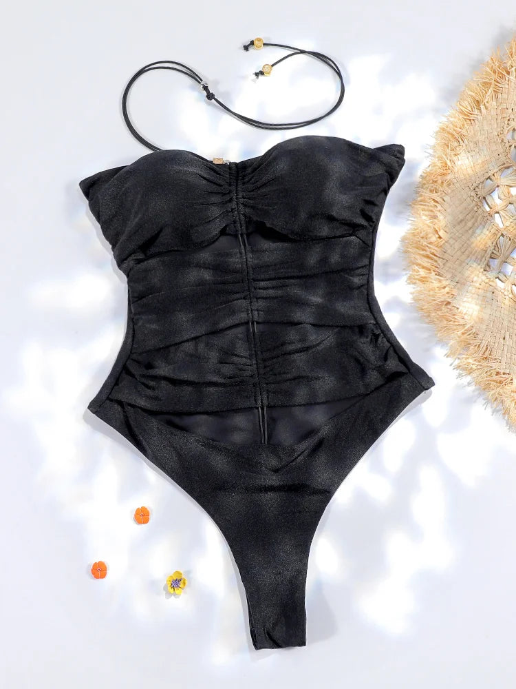 ZRTAK Sexy One Piece Swimsuit Female Sexy Women Monokini Swimwear 2025 Bandage Bathing Suit Pleated Biquini Vintage Beachwear
