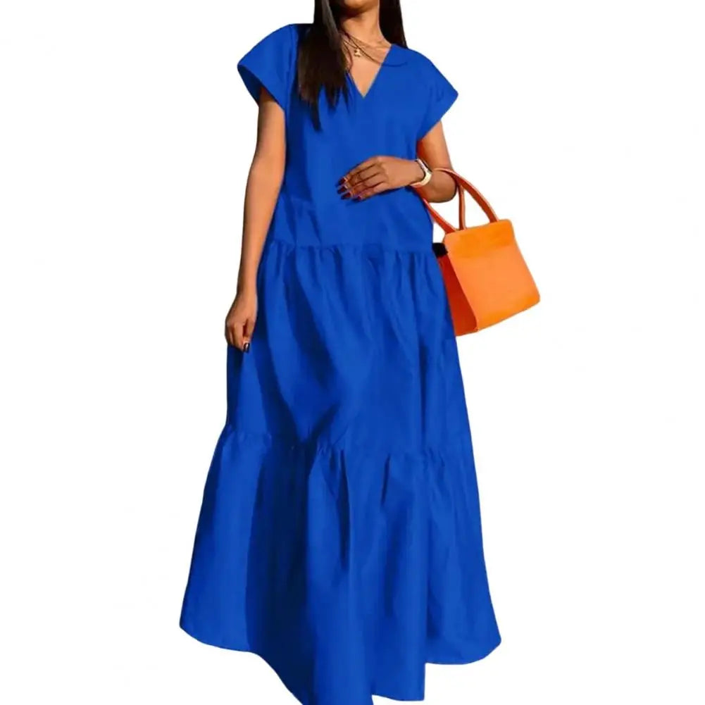 women sundress Loose V-neck Patchwork Short Sleeves Solid Color Beach Dress Summer Women Dress Elegant Large Hem Maxi Dress