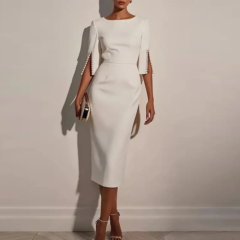 Elegant Women Midi Dress O Neck Half Sleeve Bead Design Party Bodycon Dress Women Fashion Summer Office Dresses Pink White Black