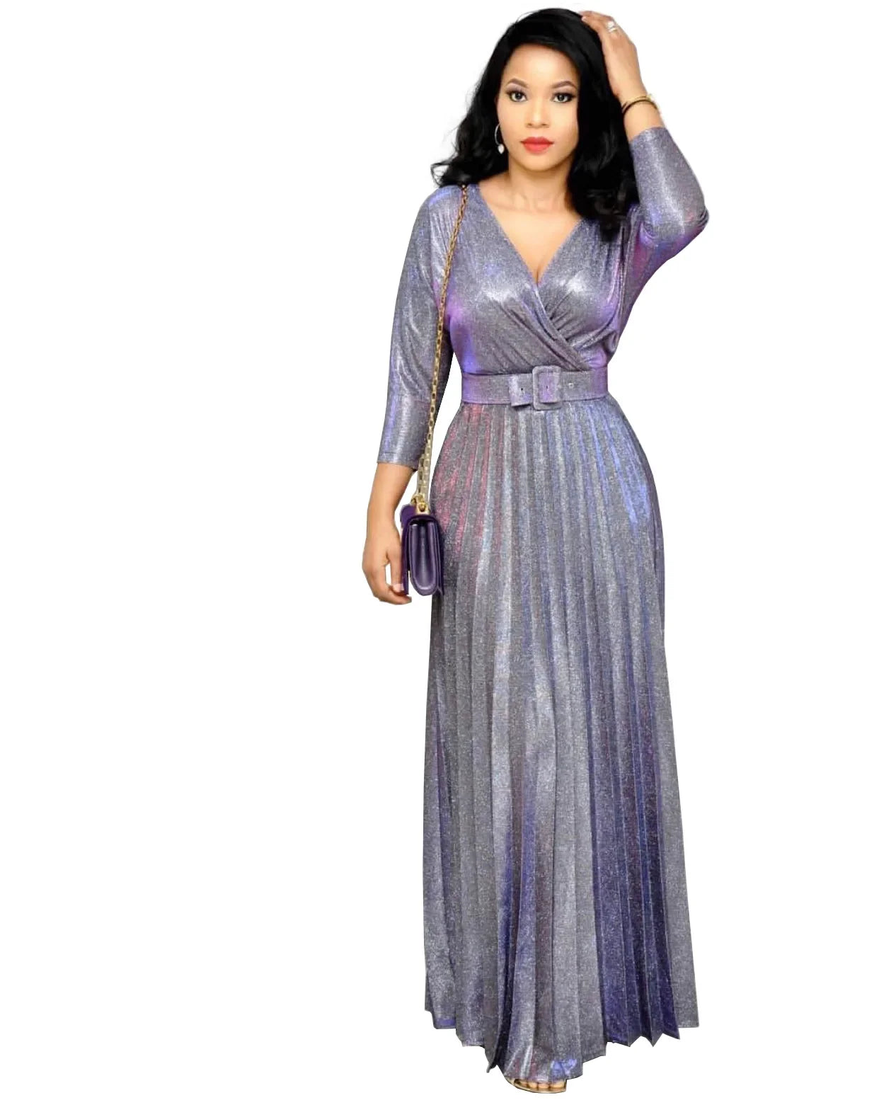 Fashion Elegant Long Sleeve V Neck High Waist Party Cocktail Graduation Pleated Dress Women Sexy Sequins Evening Dress