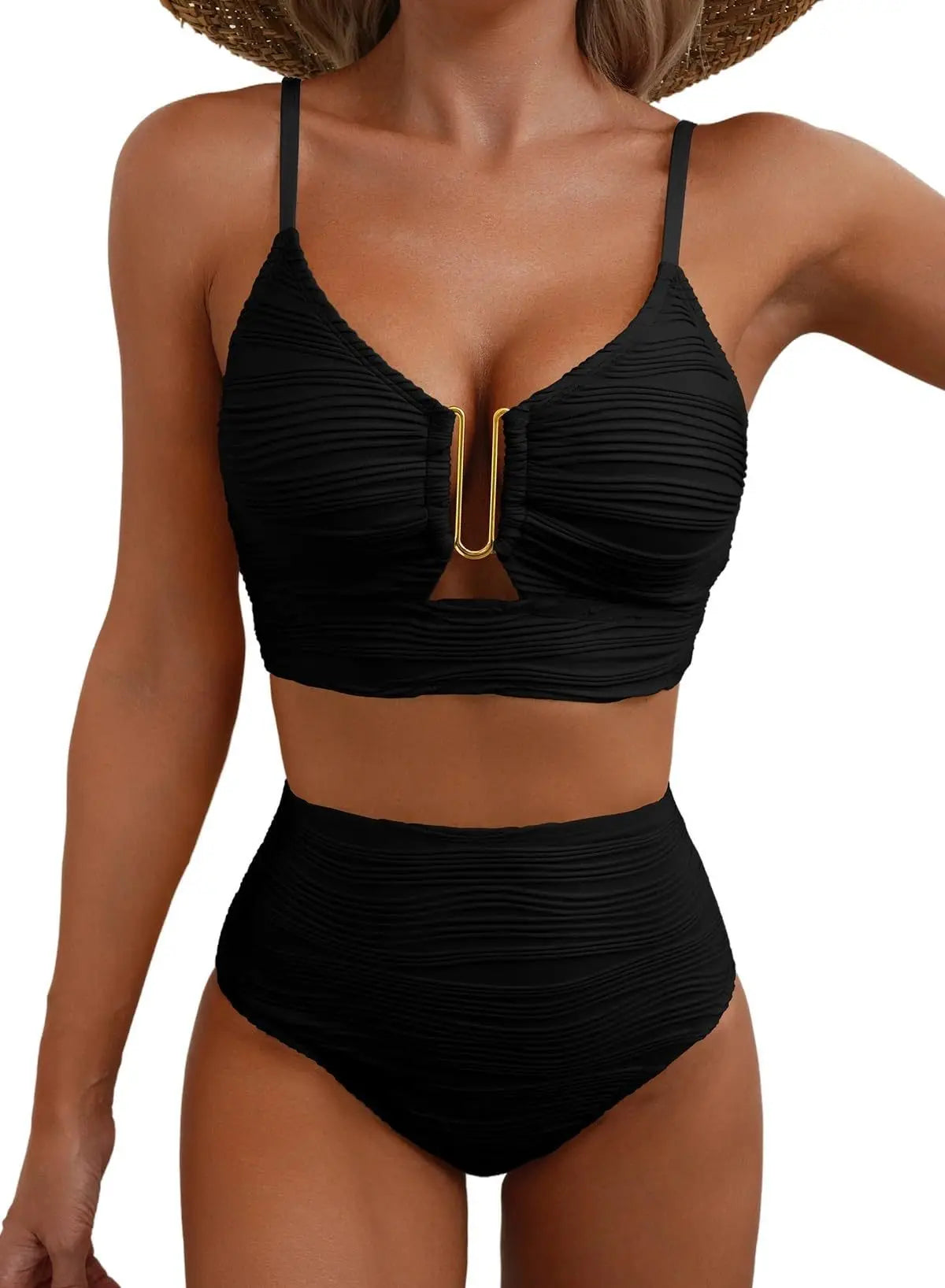 2025 Swimwear Woman Bikini Cutout V Neck Bikini Set High Waist Textured Swimsuit Adjustable Ties Women Beach Resort Wear