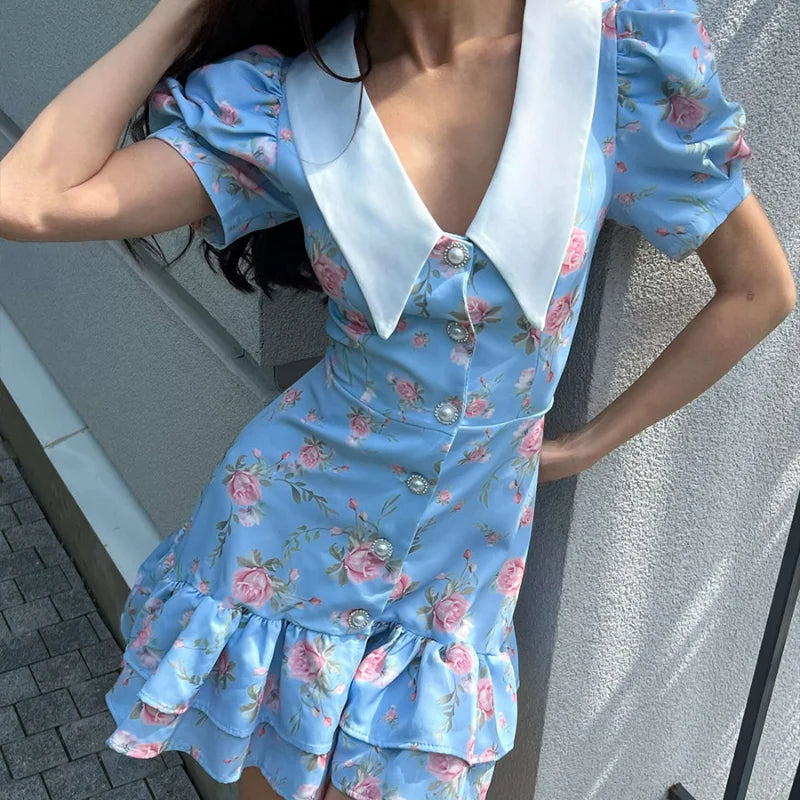 Sweet Floral Printed Ruffle Hem Dress Chic A-line Lapel Puff Sleeve Dresses For Women 2025 Summer Lady Holiday Street Gowns New