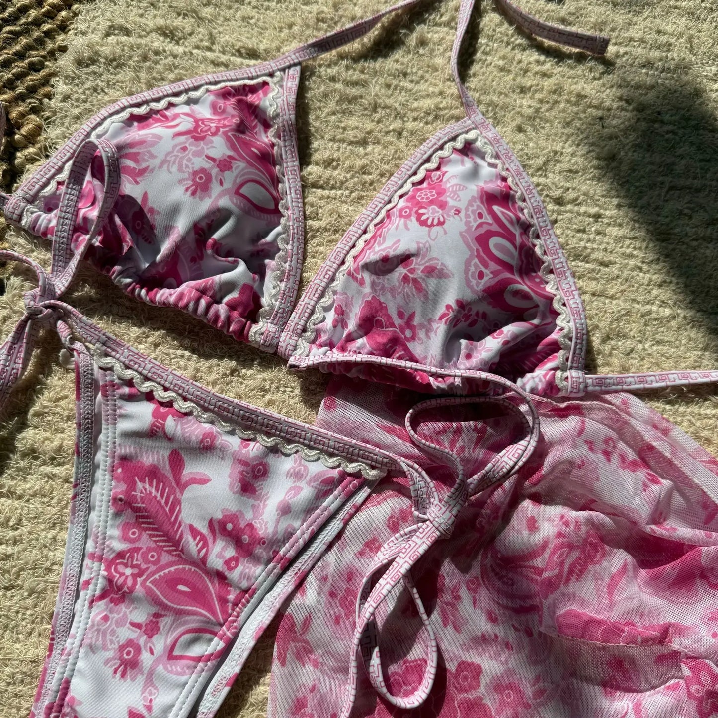 With Sarong Printed Halter Bikini Women Swimwear Female Swimsuit Three-pieces Bikini Set Padded Bather Bathing Suit Swim