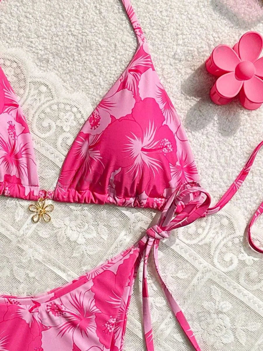 2025 Triangle Cup Bikini Set Printed Design Adjustable Straps Lightweight Separates Women Swimwear Beach Vacation Essential