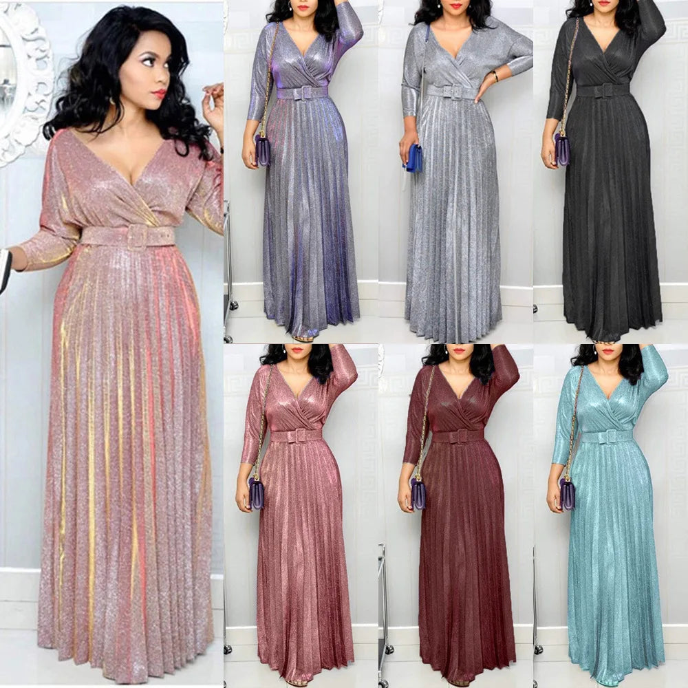 Fashion Elegant Long Sleeve V Neck High Waist Party Cocktail Graduation Pleated Dress Women Sexy Sequins Evening Dress