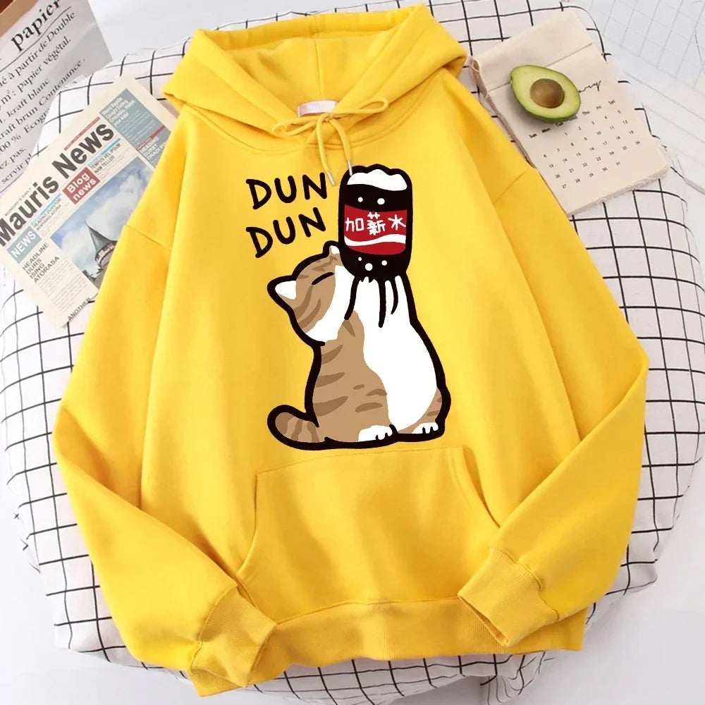 Cartoon Cat Drink Salary Increase Beverages women Hooded Sweaters Casual Hoodies Pleasure Sweatshirts Home Harajuku Tops