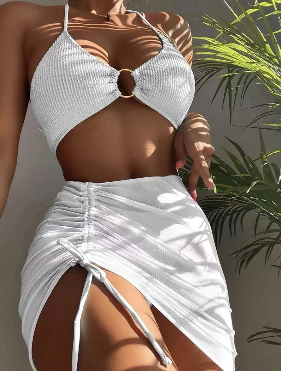 New High Elastic Bikini Set for 2025 Summer Three-piece Solid Color Lace-up Sexy Women Swimsuit Beach Bathing Suit Swimwear