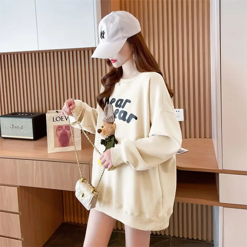 Women's Clothing Trendy Funny Cute 3D Cartoon Bear Streetwear Y2K Sweatshirt Korean O Neck Long Sleeve Oversize Pullover Hoodies