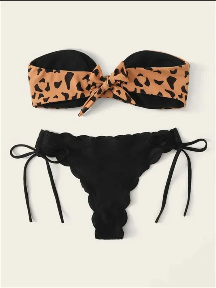 Beach Bikini 2024 Woman Sexy Front Lace Up Tie Bandeau Leopard Swimsuit Female Push Up Ruffled Bow Bathing Suit Thong Swimwear