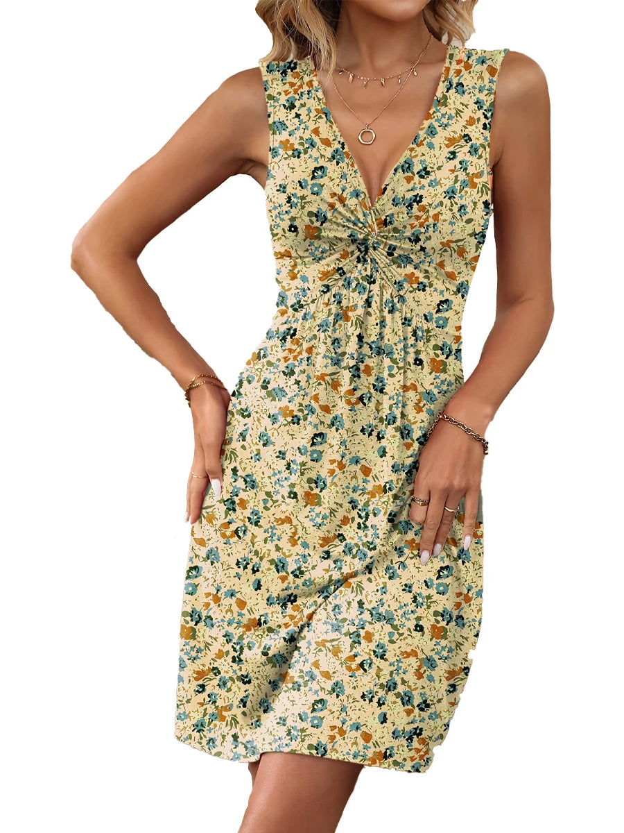 Women's Spring Deep V Neck Sleeveless Floral Sundresses with Pockets Flowy Summer Dresses for Women 2025