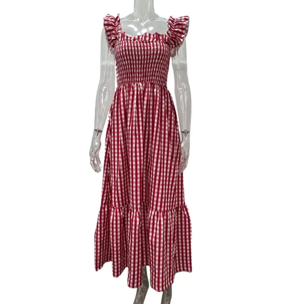 2025 Square Collar Sleeveless Women Dress Elastic Chest Wrap Ruffle Large Hem Women Plaid Print Sling Maxi Dress Summer Sundress
