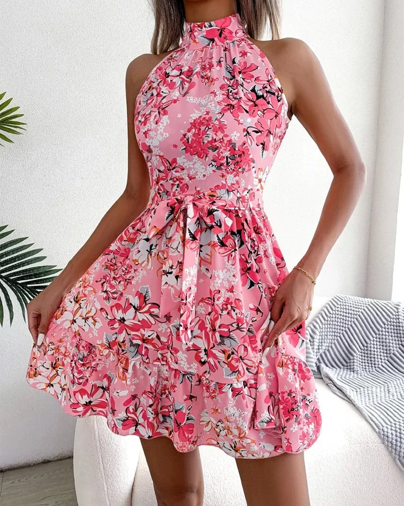 Spring Summer Floral Halter Neck Short Dresses Holiday Beach Sundress Casual Halter Short Dresses Clothes Women