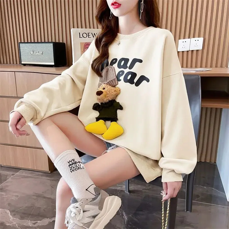 Women's Clothing Trendy Funny Cute 3D Cartoon Bear Streetwear Y2K Sweatshirt Korean O Neck Long Sleeve Oversize Pullover Hoodies