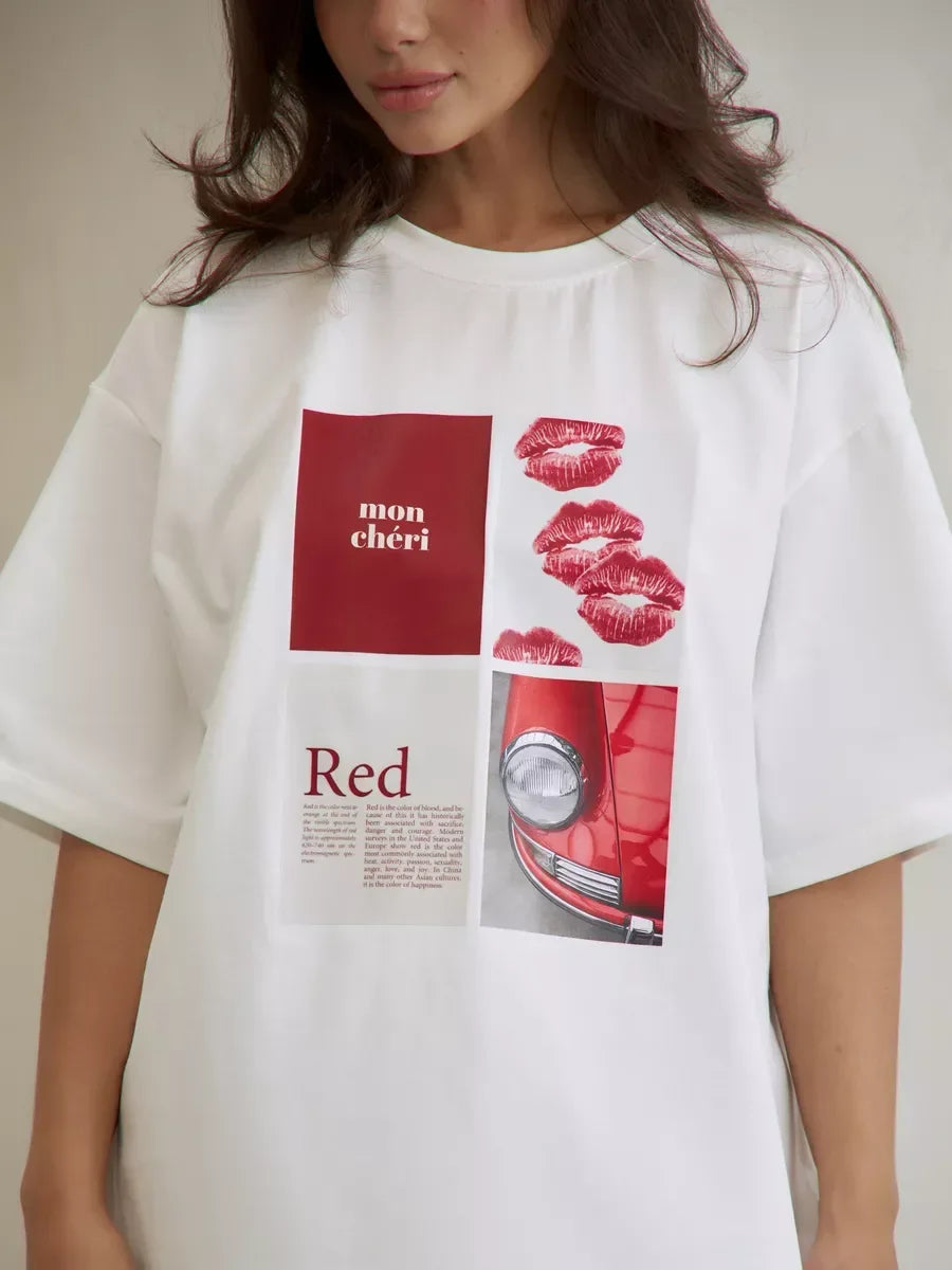 European and American Y2K Lip Printed T-shirt Women's Summer Fashion Casual Creative Streetwear Retro Short-sleeved Clothing
