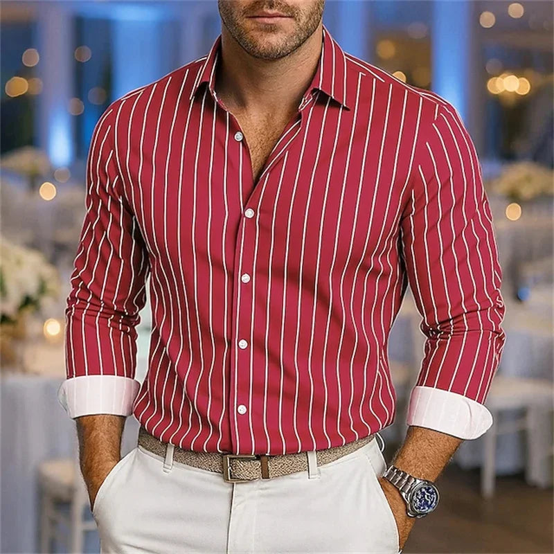 Men's loose striped shirt, casual breathable lapel button long sleeve shirt, festive wedding shirt, soft and comfortable fabric