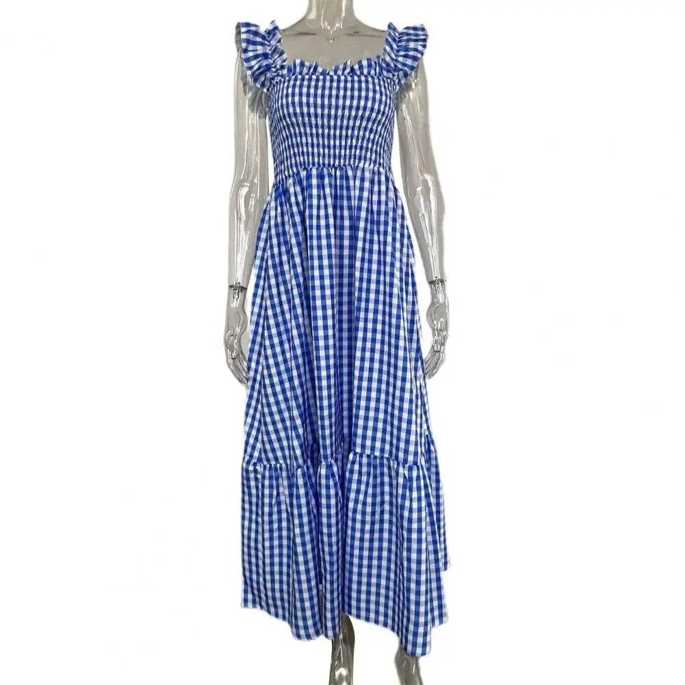 2025 Square Collar Sleeveless Women Dress Elastic Chest Wrap Ruffle Large Hem Women Plaid Print Sling Maxi Dress Summer Sundress