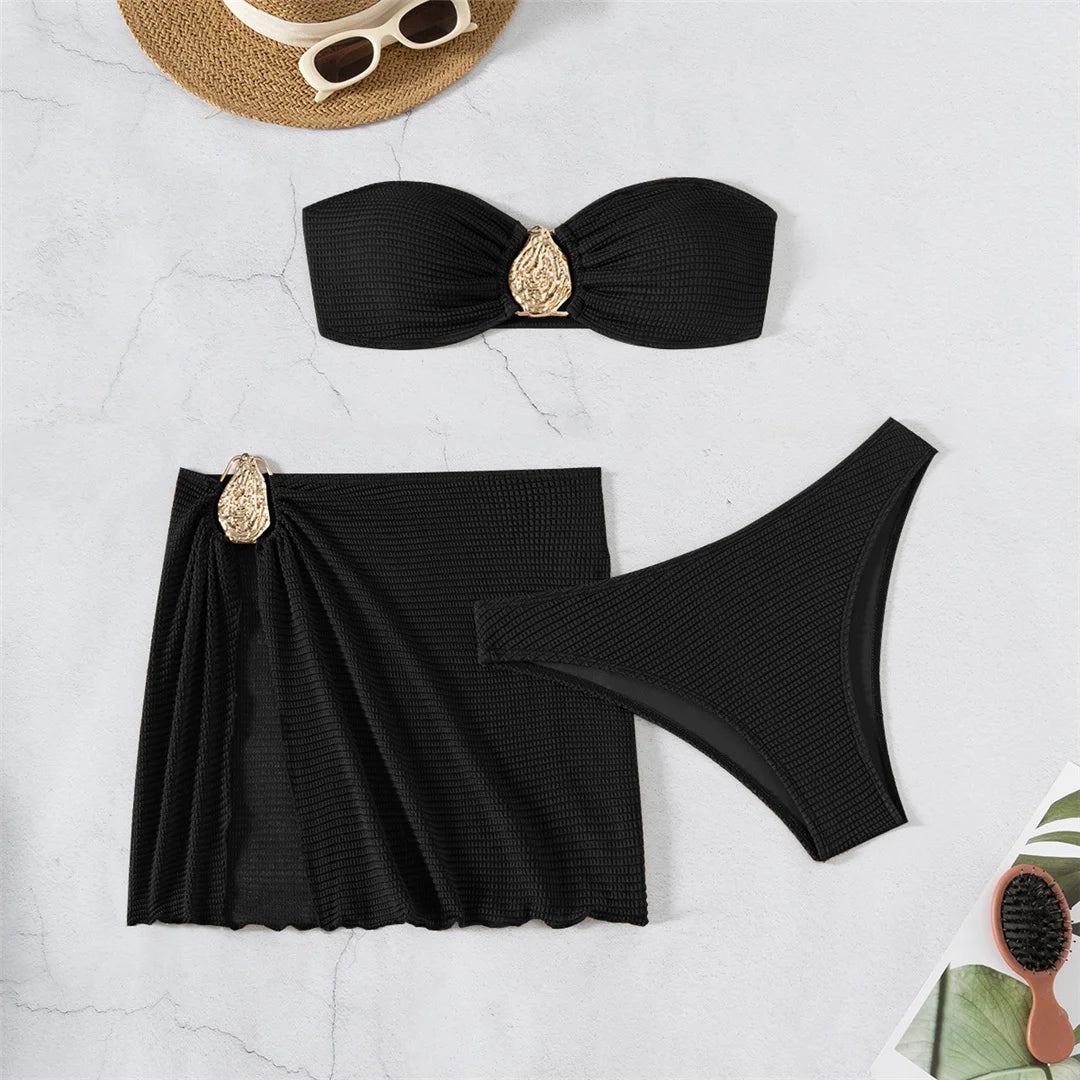5 Colors With Skirt Bandeau Bikini Female Swimsuit Women Swimwear Three-pieces Bikini set Padded Bather Bathing Suit Swim V6624