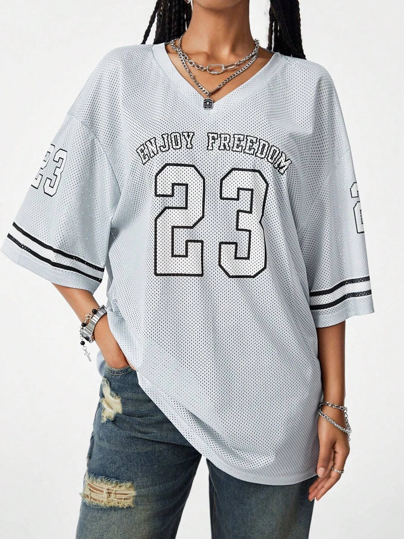 Summer New Black Enjoy Freedom 23 Print T-Shirt For Women V-Neck Short Sleeve Mesh Sports Football Jersey Y2K Oversized Tops