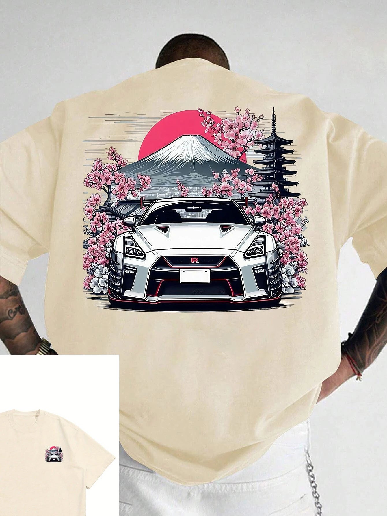 Sakura Car Print T-shirt Men's Summer Sweat-absorbing Breathable Comfortable Top Outdoor Short-sleeved Trendy Men's Clothing