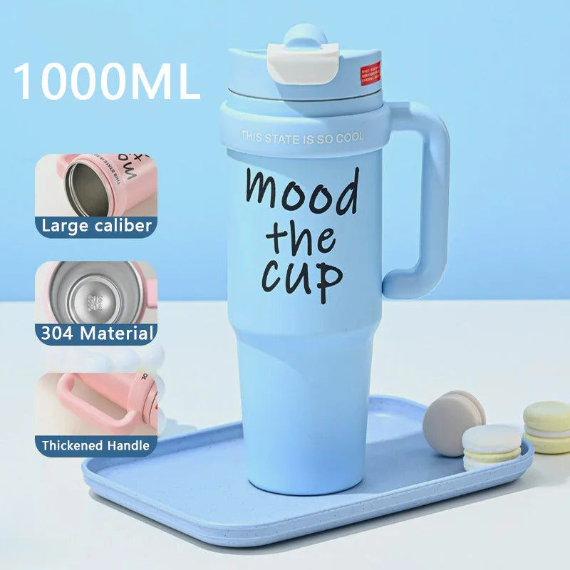 1000ML Thermal Water Bottle 32oz Large Capacity With Straw Stainless Steel Thermos Bottle Cold and Hot Thermos Cup