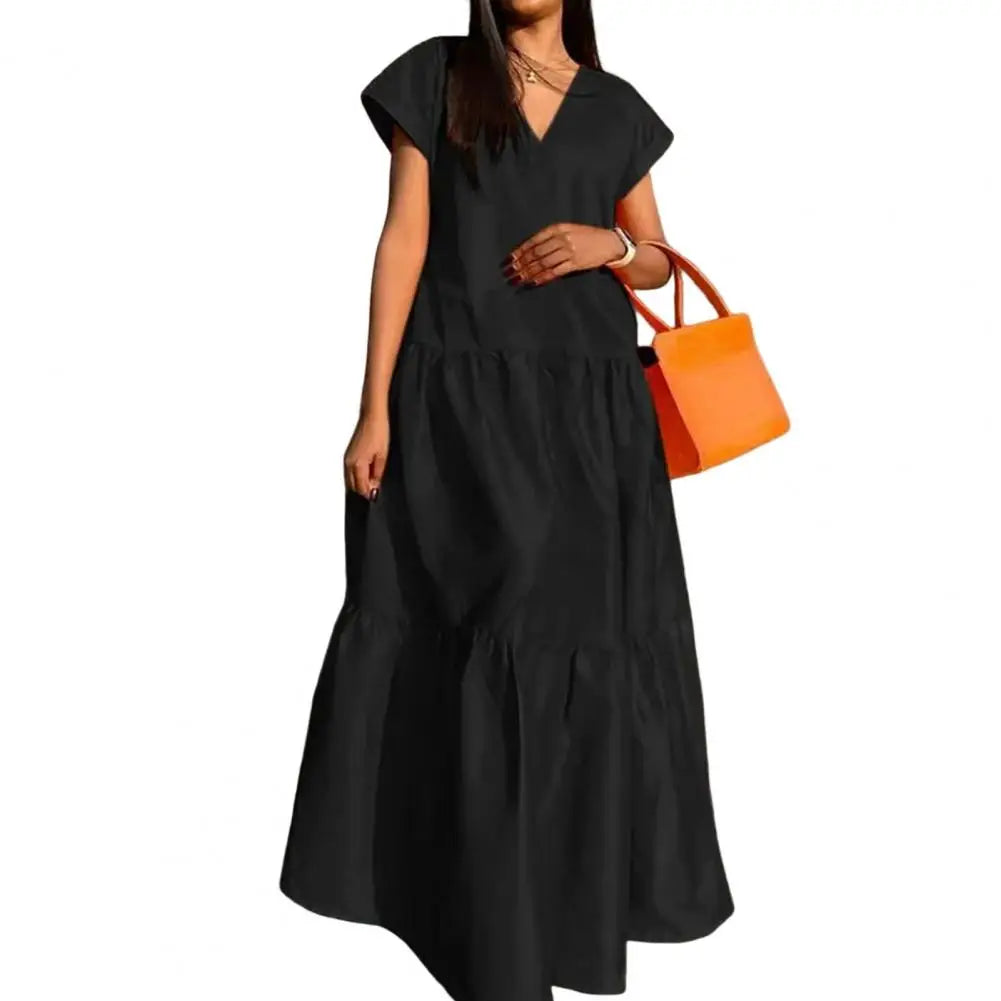 women sundress Loose V-neck Patchwork Short Sleeves Solid Color Beach Dress Summer Women Dress Elegant Large Hem Maxi Dress
