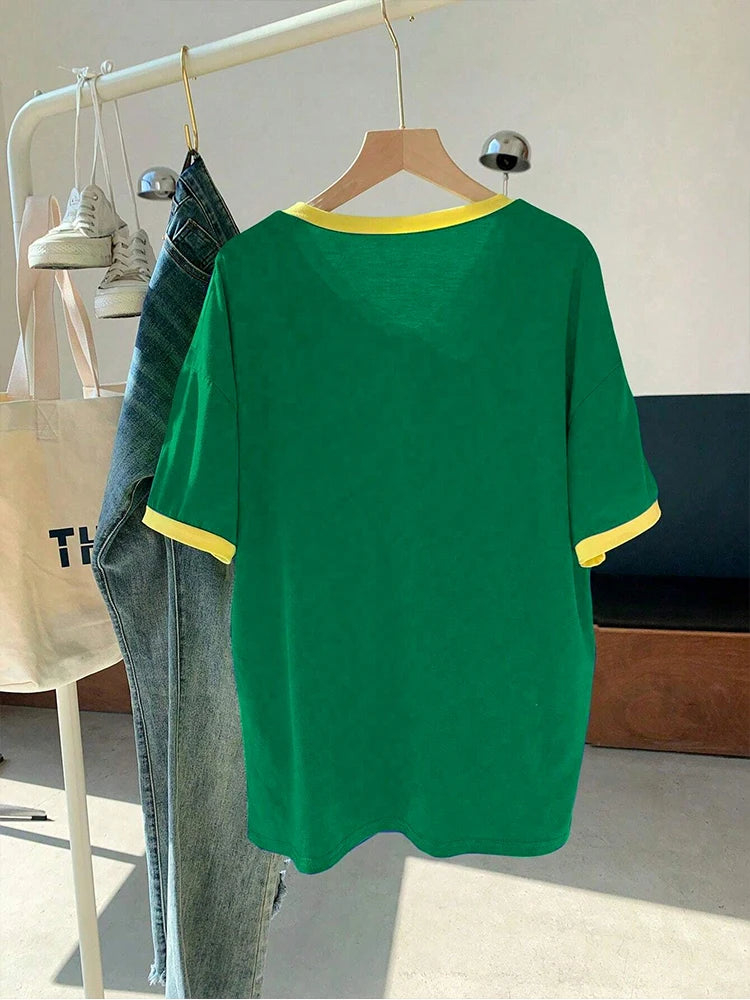 Jamaica Letter Printed Jersey T-Shirt V-Neck Loose Polyester Fabric Short Sleeved Fashionable Streetwear Women'S Clothing Top