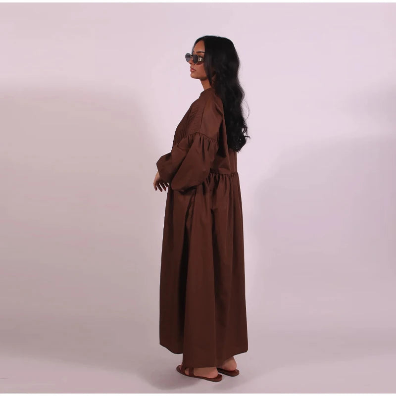Casual Long Dress Women Loose O Neck Single Breasted Long Sleeves High Waist Robe Female 2025 Summer Fashion Solid Dresses Lady