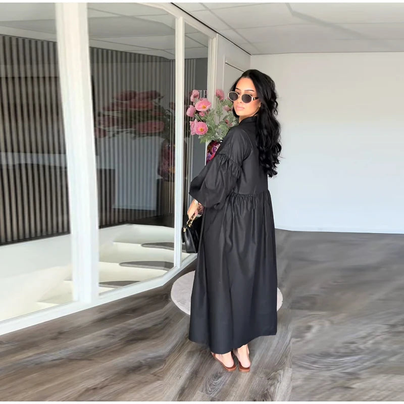 Casual Long Dress Women Loose O Neck Single Breasted Long Sleeves High Waist Robe Female 2025 Summer Fashion Solid Dresses Lady