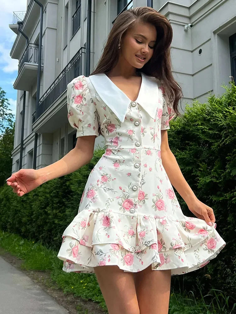 Sweet Floral Printed Ruffle Hem Dress Chic A-line Lapel Puff Sleeve Dresses For Women 2025 Summer Lady Holiday Street Gowns New