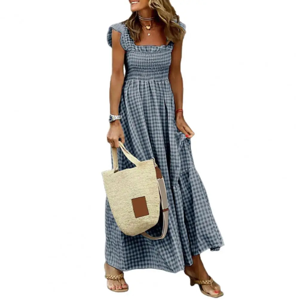2025 Square Collar Sleeveless Women Dress Elastic Chest Wrap Ruffle Large Hem Women Plaid Print Sling Maxi Dress Summer Sundress
